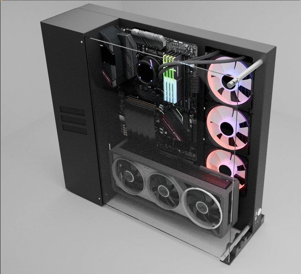 Gaming PC Wandgehäuse fertig montiert - Stilvolles Wall Mount PC Setup im Wohnzimmer