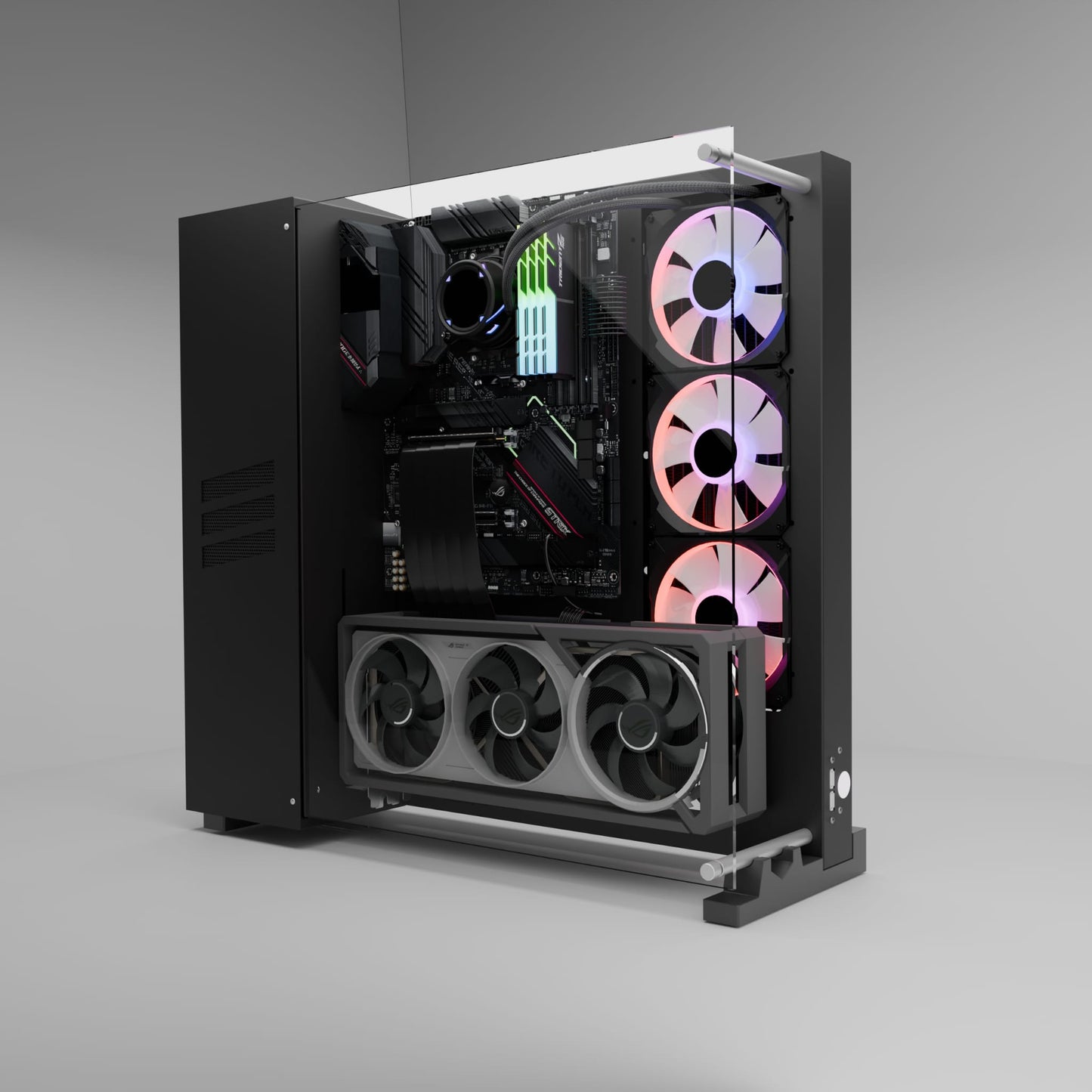 Full-Tower Wandgehäuse mit eingebauten ATX Mainboard und High-End Komponenten